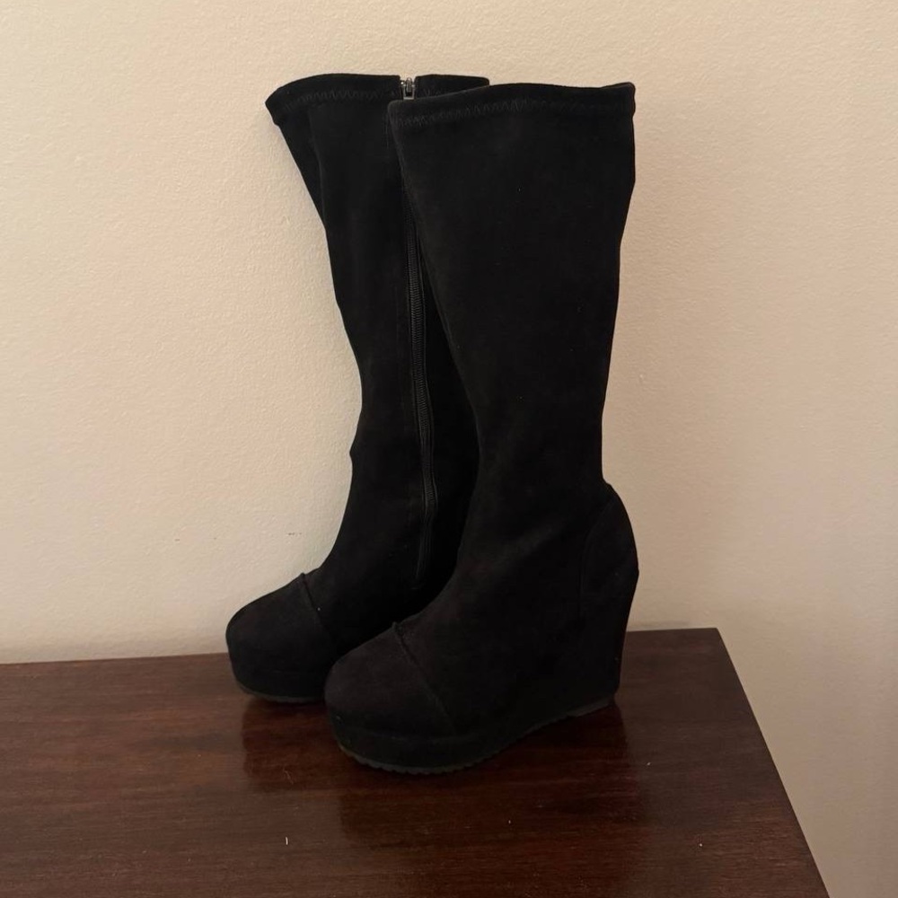 Black Suede Knee-High Wedge Boots